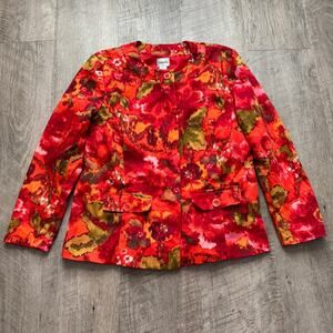 Chico's Design Jacket Womens Large Sz 2 Floral Art to Wear AOP Lined Red Orange